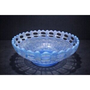 Vintage Fenton Blue Opalescent Basketweave Open Lace Edge Glass Bowl 6”
